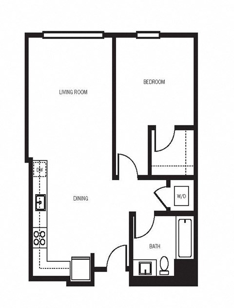 Floor plan for 1 bed, 1 bath, 719 sqft